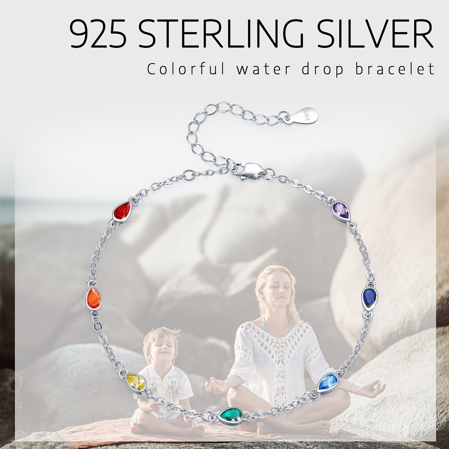 Chakras Bracelet S925 Sterling Silver 7 Chakras Yoga Bracelet Teardrop Chakras Wrist Chain Birthday Christmas Gift Girlfriend Wife Mother Mother