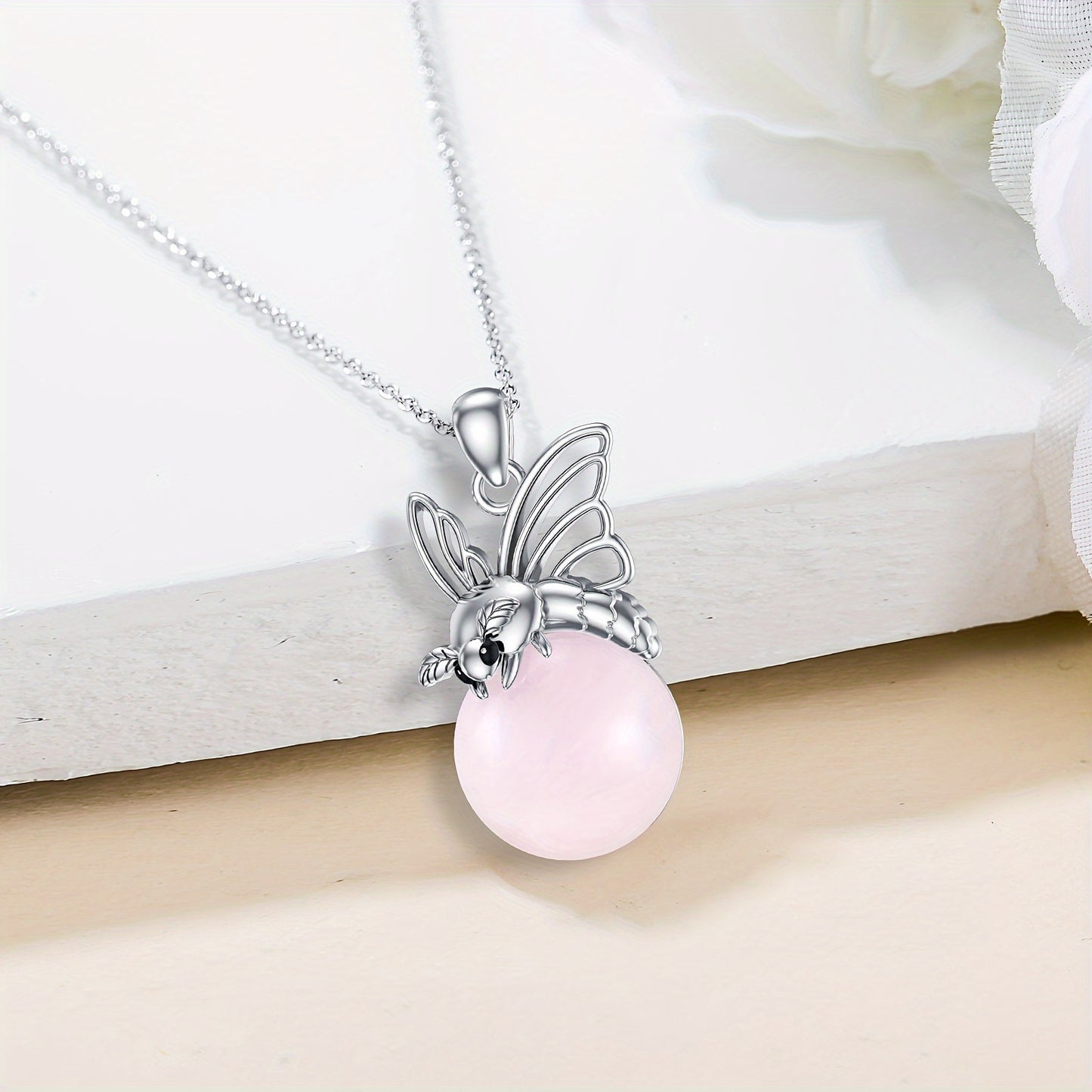 Women's Natural Rose Quartz Moth Necklace 925Sterling Silver Moth-Shaped Pendant with Real Rose Quartz Jewelry Gift