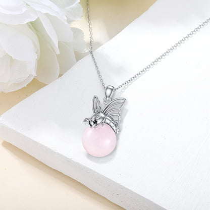 Women's Natural Rose Quartz Moth Necklace 925Sterling Silver Moth-Shaped Pendant with Real Rose Quartz Jewelry Gift