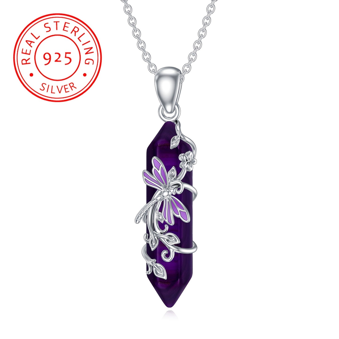 Natural Amethyst Dragonfly Women's Necklace925Sterling Silver Dragonfly Pendant，Gift with Real Amethyst Jewelry