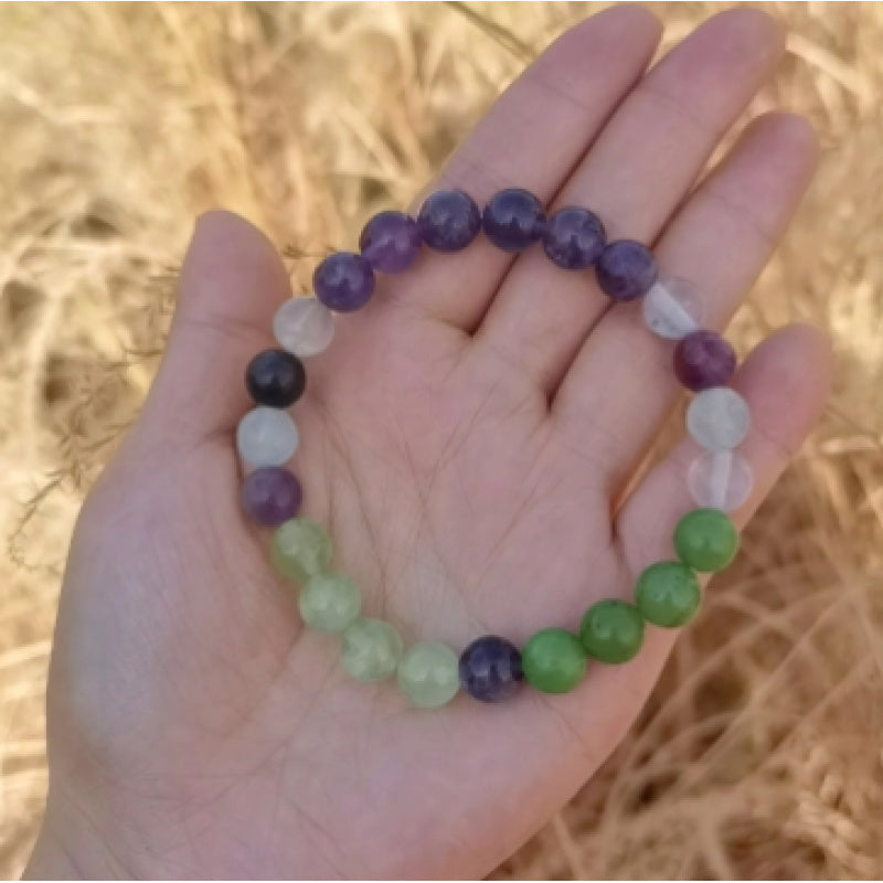 1pc Boho Natural Stone Bead Bracelet，Amethyst and Quartz Imitation Gemstone Yoga Jewelry，Color Fluorescent Cure Crystal Gift，Grape agate Pendant Bracelet