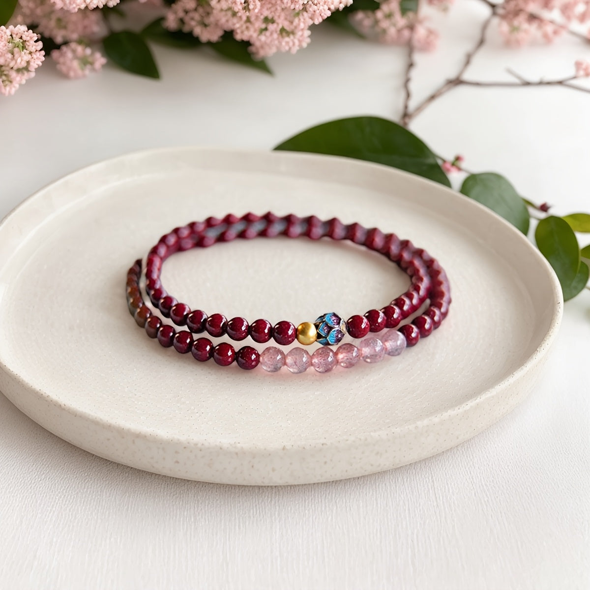 Handmade Cinnabar Bracelet Gift Suit，Attached Pink Display Box、Handbag and Blessing Card - Valentine's Day、Mother's Day、Birthday、Ideal for Anniversary, Etc.