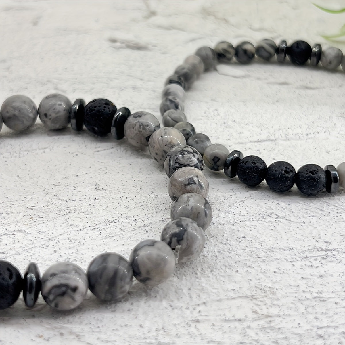 1Natural Stone Healing Bracelet，Gray Map Stone and Black Lava Stone Elastic Bracelet