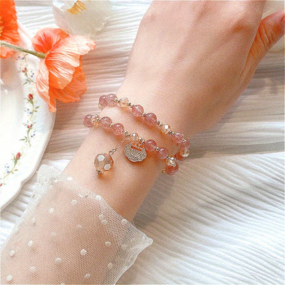 Double Layer Rainbow Stone Beads Bohemian Crystal Bracelet，Shiny Longevity Lock Charm，Sweet and Fashionable Strawberry Stone Bracelet，Suitable for Women to Wear