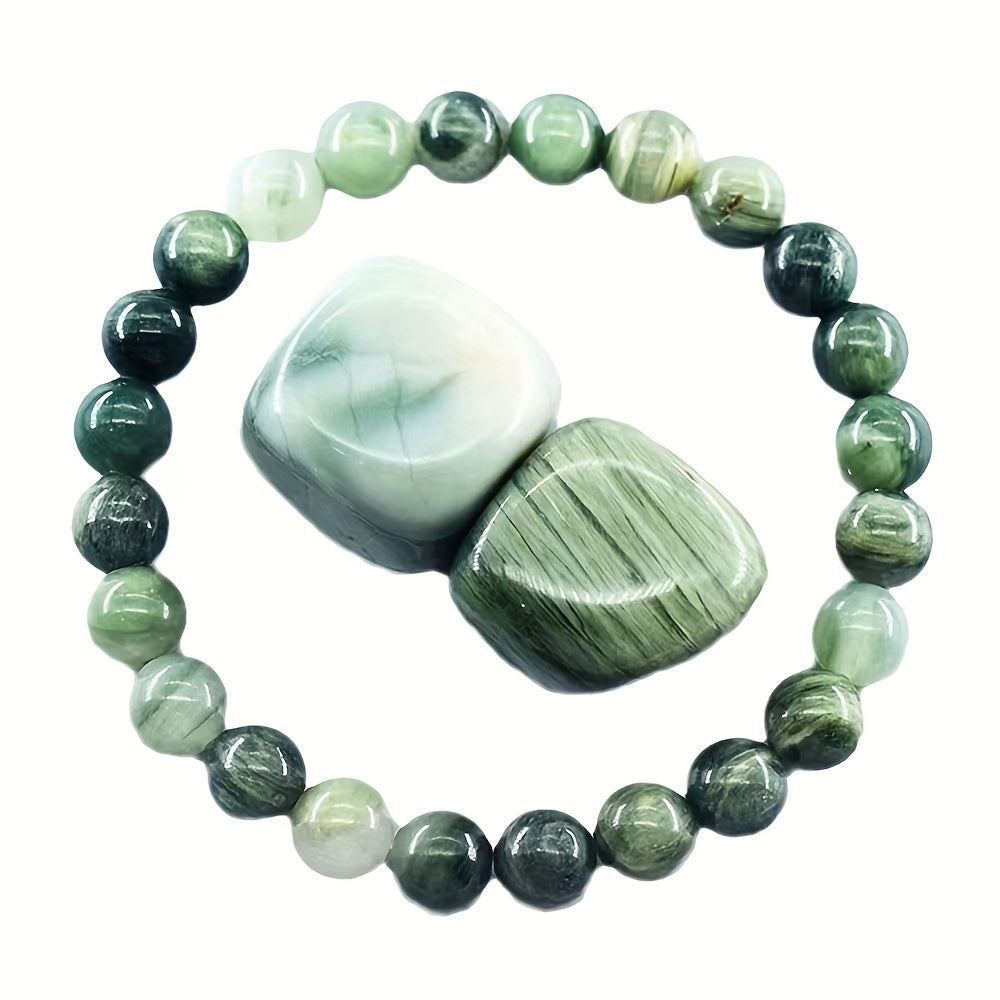 Fashion Green Adventure Stone Beaded Stretch Bracelet - 8mm Natural Stone，Polishing，Casual Wear Versatile Fashion Accessories，Ideal Gift for Lovers，Suitable for Valentine's Day and Holiday Season，Best for Christmas