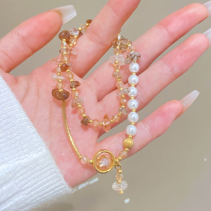 Double-Layer Natural Stone Color Crystal Bracelet，Women's Irregular Imitation Pearl Bracelet，Fine Jewelry Gift。