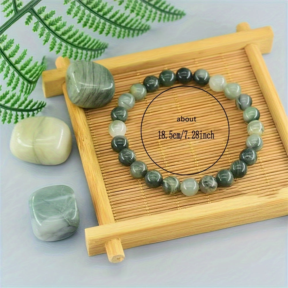 Fashion Green Adventure Stone Beaded Stretch Bracelet - 8mm Natural Stone，Polishing，Casual Wear Versatile Fashion Accessories，Ideal Gift for Lovers，Suitable for Valentine's Day and Holiday Season，Best for Christmas