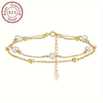 Exquisite925Sterling Silver Double-Layer Bracelet，With Natural Freshwater Pearls，14K Gold Plating - Simple Double Strand Chain Pearl Bracelet，Suitable for Women's Daily Wear and Vacation，Valentine's Day Gift GPB32