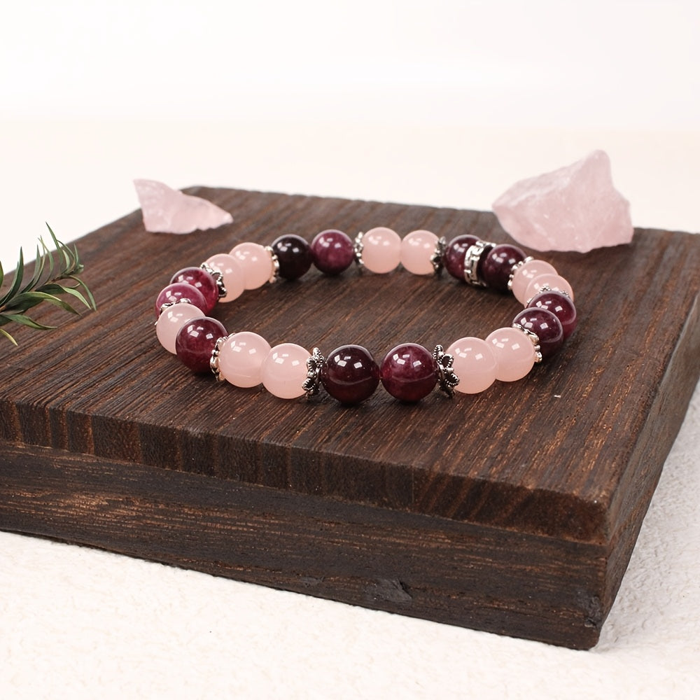 One Self-Love Natural Stone Love Stone Bracelet Rose Stone Ruby Handmade Elastic Jewelry Bracelet，Ideal Gift for Girlfriend on Valentine's Day