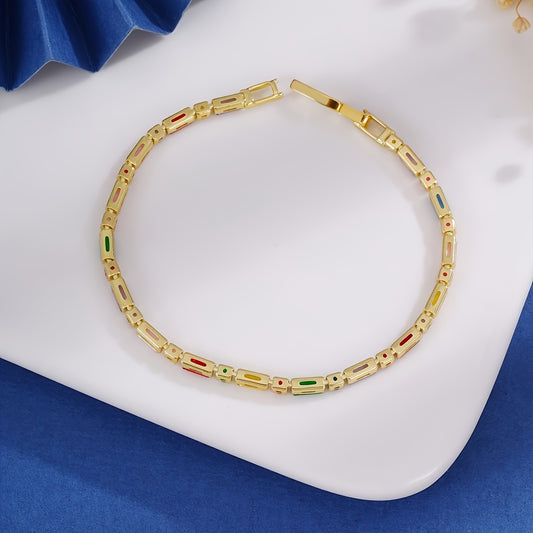 A French Colorful Synthetic Zircon Copper Bracelet，Suitable for Women to Wear - Four Seasons Universal Connecting Shackle Long Design，Suitable for Daily Wear、Vacation and Dating。