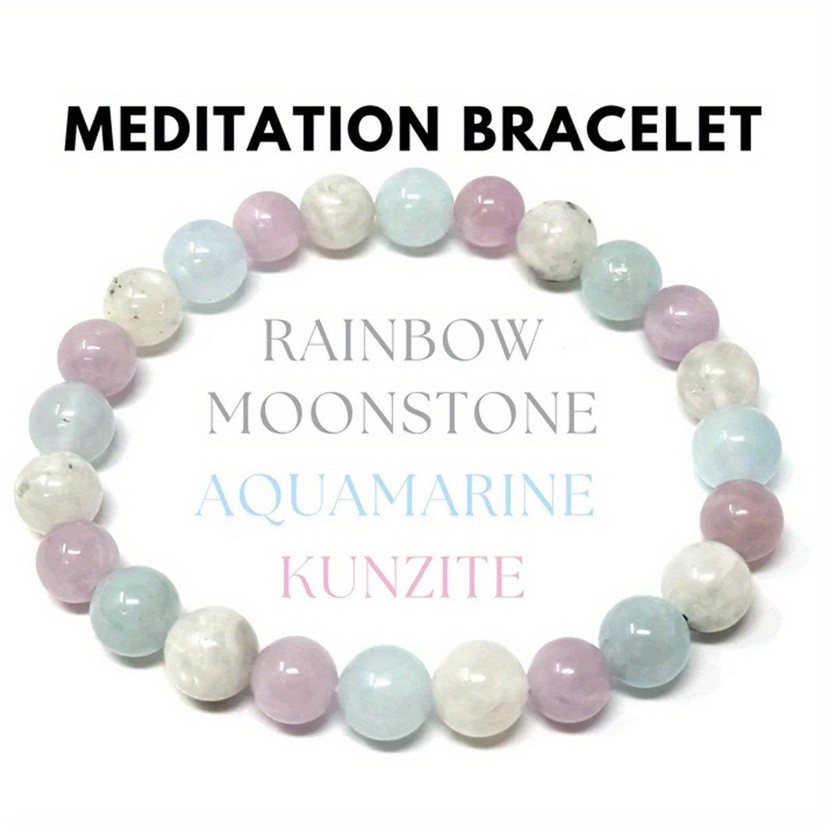 Bohemian Meditation Bracelet，With Crystal、Kunz Stone and Rainbow Moonstone - 8mm round Crystal Beads，Improved Clarity and Spiritual Awakening - Perfect Gift for Women