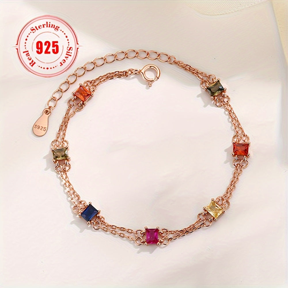 1Pieces 925Sterling Silver Seven-Color Gem Double-Layer Bracelet Women's Special-Interest Design Fashion Women's Stylish Pendant Bracelet Holiday Birthday Gift （0.099oz/2.82g）