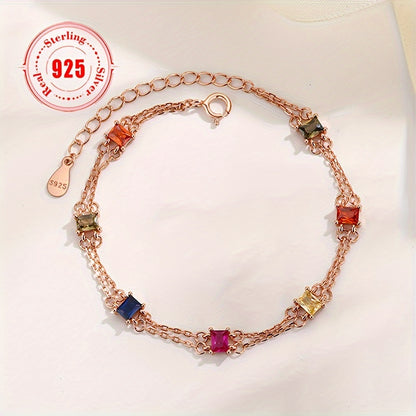 1Pieces 925Sterling Silver Seven-Color Gem Double-Layer Bracelet Women's Special-Interest Design Fashion Women's Stylish Pendant Bracelet Holiday Birthday Gift （0.099oz/2.82g）