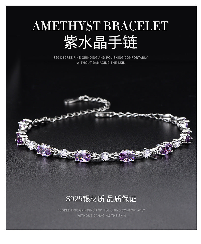 S925Silver Amethyst Couple Purple Diamond Sterling Silver Bracelet Female Korean Style Personalized and Mori Girlfriends Jewelry Wholesale Delivery