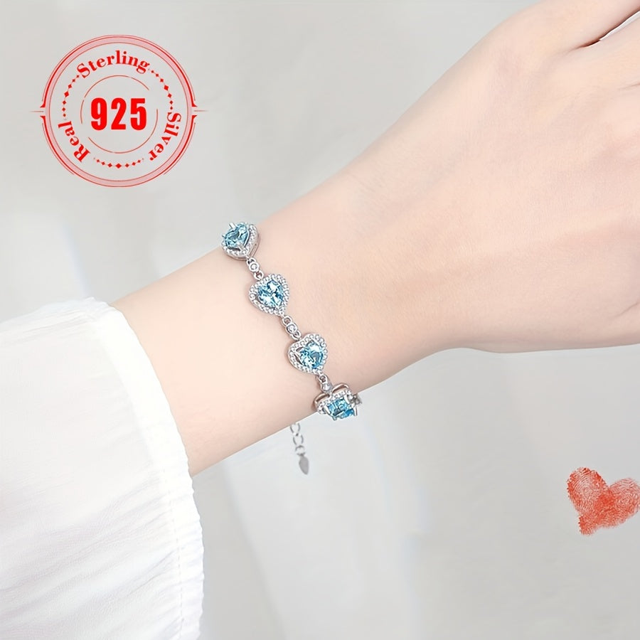 1Pieces925Sterling Silver Low Sensitivity Blue Sea Heart Inlaid Zirconia Fashion Elegant Sexy Beach Vacation Women's Fashion Bracelet（Total Weight6.8Gram）