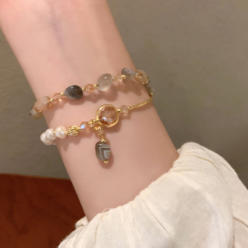 Elegant Double-Layer Pearl and Gem Bracelet - Women's Luxury White Jewelry