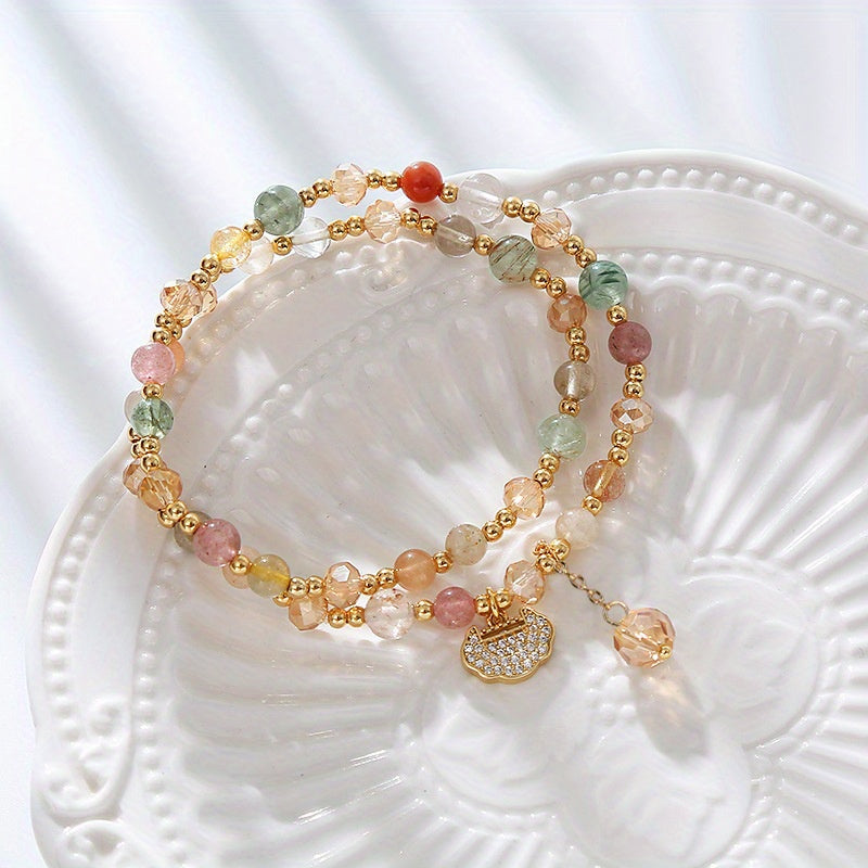 Double Layer Rainbow Stone Beads Bohemian Crystal Bracelet，Shiny Longevity Lock Charm，Sweet and Fashionable Strawberry Stone Bracelet，Suitable for Women to Wear