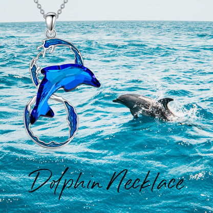 Elegant 925 Sterling Silver Dolphin Pendant Necklace with Blue Artificial Crystal，Ocean Wave Jewelry，Perfect Birthday Gift for Women，Silver，Dolphin Necklace，Ocean Waves，Birthday Gift