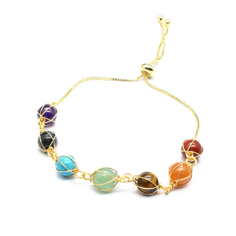 Natural Stone Seven-Color Carat Crystal14K Gilded Hand-Woven Adjustable Lady Fresh Bracelet