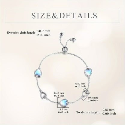 Elegant925Sterling Silver Bracelet，With Heart-Shaped Pendant，White-Plated Adjustable Chain，Inlaid Moonstone，Suitable for Daily Wear and Gift Giving。