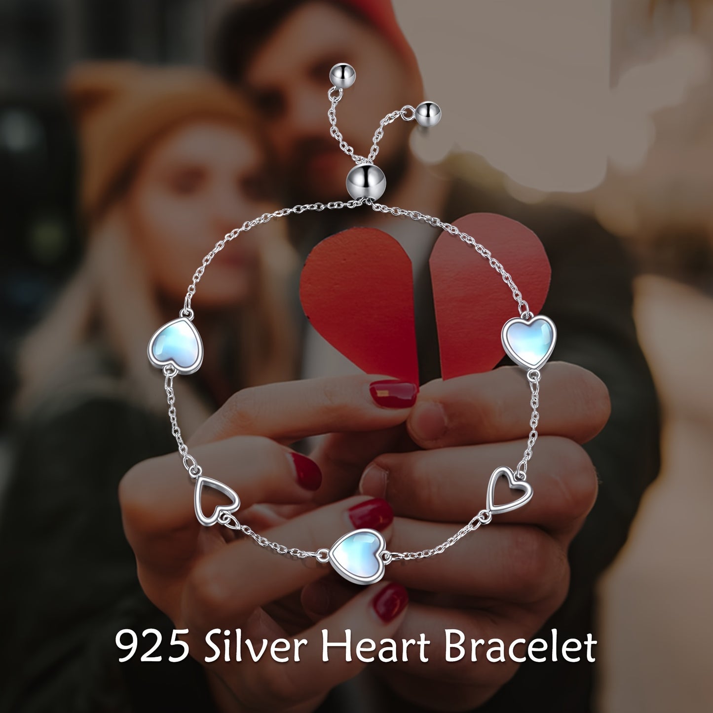 Elegant925Sterling Silver Bracelet，With Heart-Shaped Pendant，White-Plated Adjustable Chain，Inlaid Moonstone，Suitable for Daily Wear and Gift Giving。