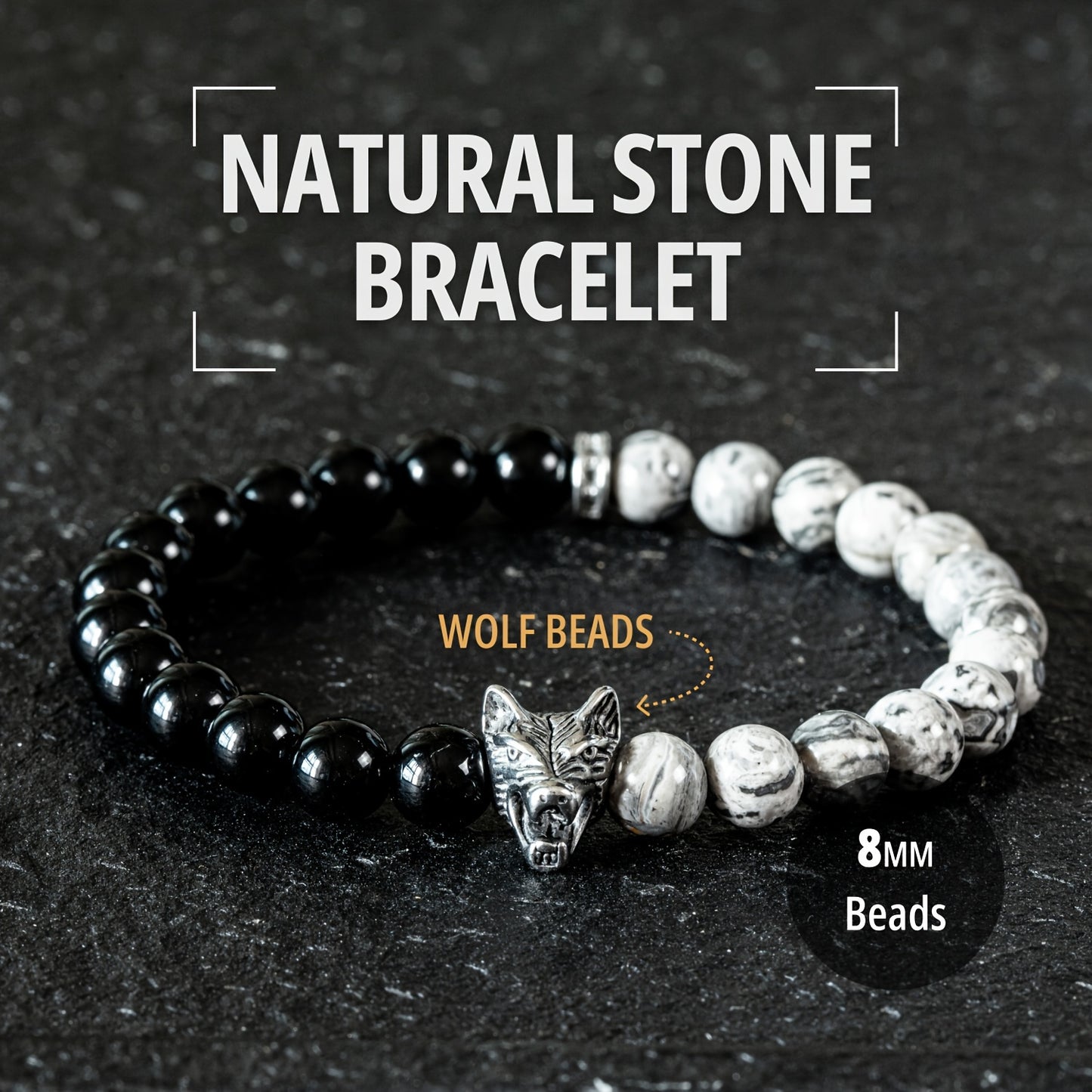 Natural Map Stone and Obsidian Beaded Bracelet，Pendant with Wolf Head，Handmade，Neutral and Universal Design，Suitable for Men and Women Casual and Formal Daily Wear，Thoughtful Gift for Friends and Family。