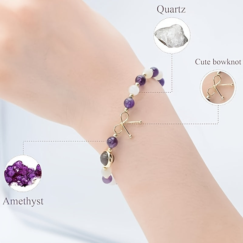 Elegant French Gem Bracelet - 14K Gold Plated Moonstone、Malachite、Tigereye and Amethyst Beads，Boost Intuition、Confidence and Spiritual Growth - Suitable for Christmas and Daily Wear