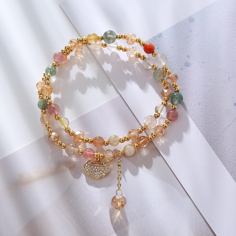 Double Layer Rainbow Stone Beads Bohemian Crystal Bracelet，Shiny Longevity Lock Charm，Sweet and Fashionable Strawberry Stone Bracelet，Suitable for Women to Wear