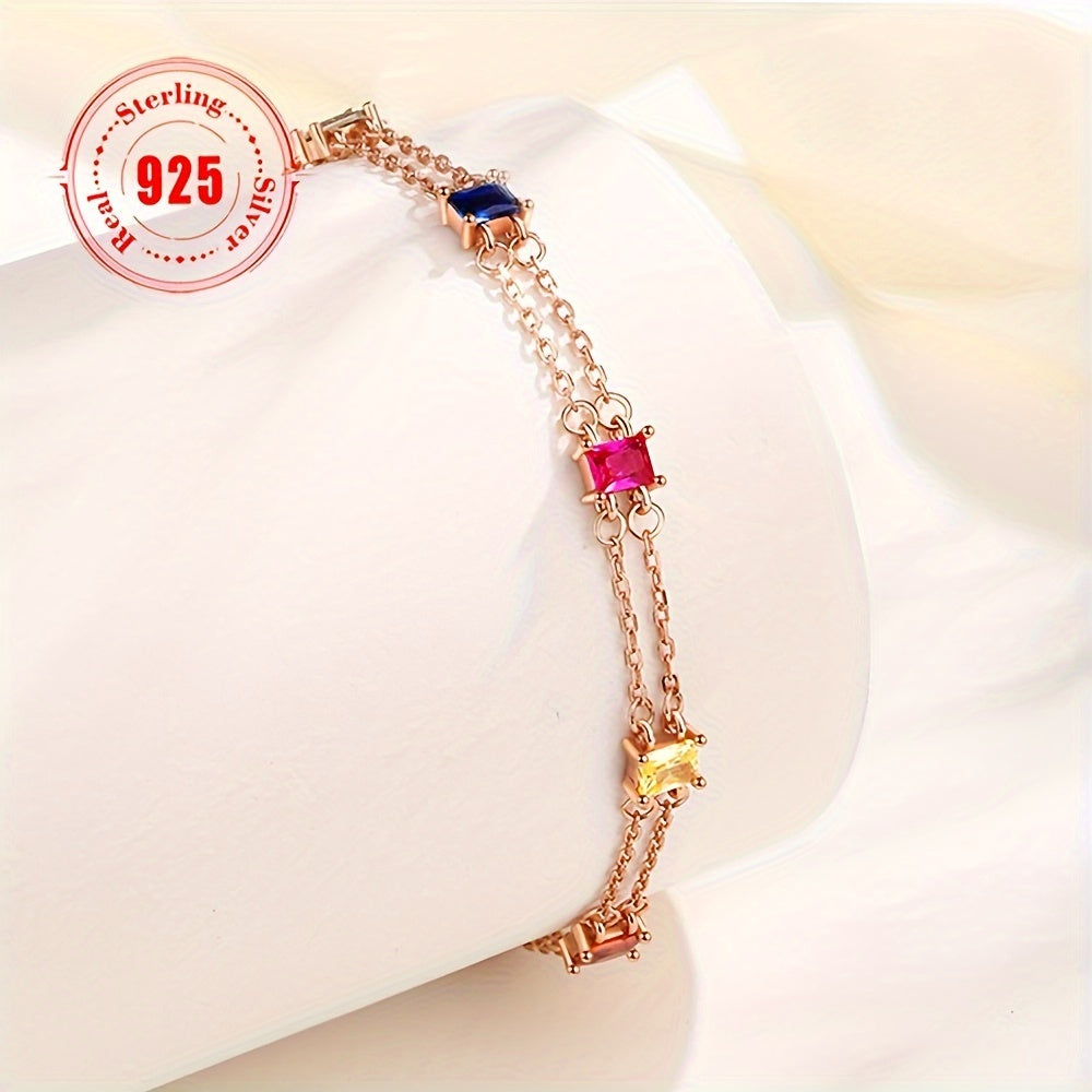 1Pieces 925Sterling Silver Seven-Color Gem Double-Layer Bracelet Women's Special-Interest Design Fashion Women's Stylish Pendant Bracelet Holiday Birthday Gift （0.099oz/2.82g）