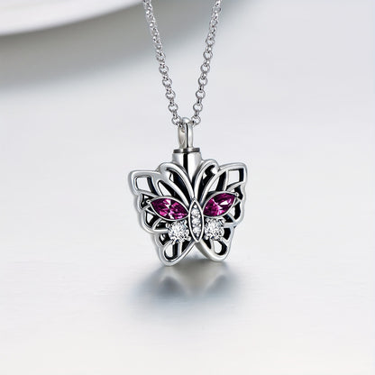 Elegant925Sterling Silver Heart-Shaped、Flower and Butterfly Design Urn Necklace - Austrian Crystal Decoration Souvenir，Perfect Commemorative Gift for Women，Best Choice for Christmas