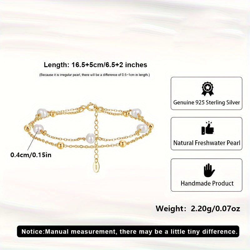 Exquisite925Sterling Silver Double-Layer Bracelet，With Natural Freshwater Pearls，14K Gold Plating - Simple Double Strand Chain Pearl Bracelet，Suitable for Women's Daily Wear and Vacation，Valentine's Day Gift GPB32