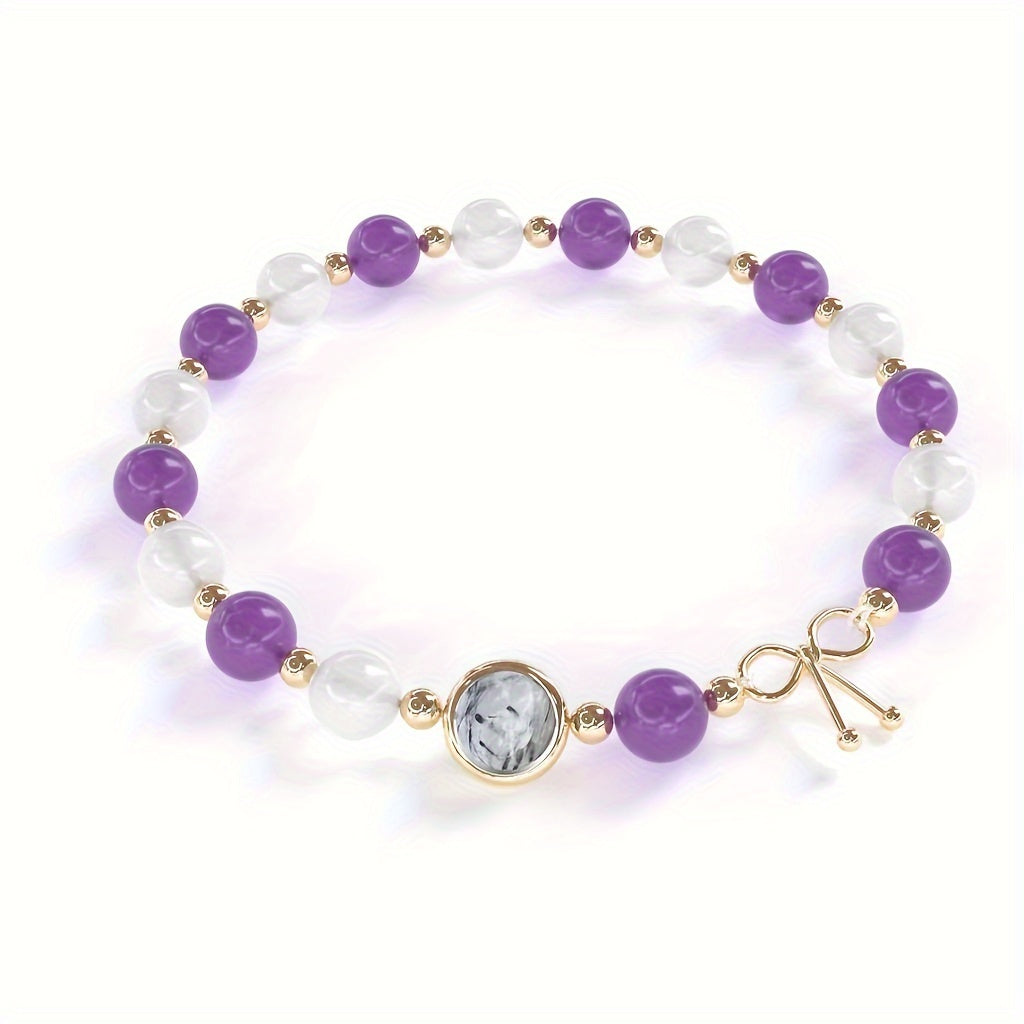 Elegant French Gem Bracelet - 14K Gold Plated Moonstone、Malachite、Tigereye and Amethyst Beads，Boost Intuition、Confidence and Spiritual Growth - Suitable for Christmas and Daily Wear