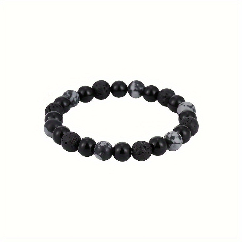 Vintage Style Black Volcanic Rock Beaded Bracelet with Stainless Steel Cross Pendant - Natural Crystal，Suitable for Couples and Casual Wear