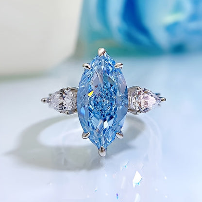 4 Carat S925 Sterling Silver Blue Zirconia VVS1 Definition Horse Eye Ring，5A+ Grade High Carbon Zirconia，High Quality Jewelry，March Birthday Stone，Blue Stone Ring，Wedding Ring，Engagement Ring，Christmas Gift，Birthday Gift，Anniversary