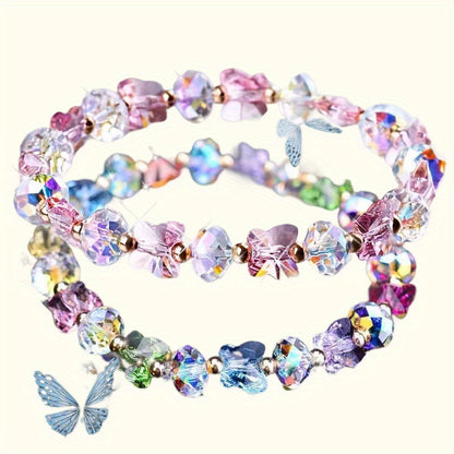 2 Bohemian Butterfly Hanging Ornament Bracelet，with Synthetic Crystal - Stretchable Elastic Rope Jewelry for Girls