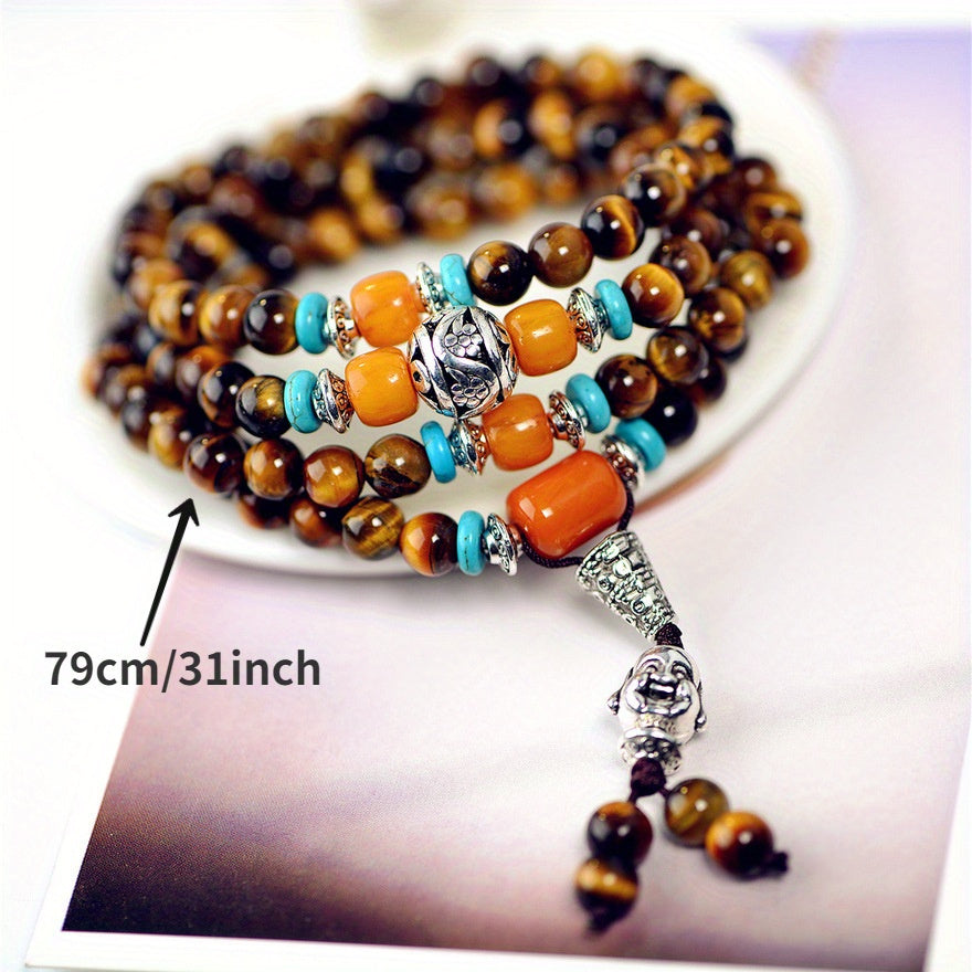 This Style108Beads Bracelet Suitable for Men and Women，Designed with Buddha Head and Four-Layer Extension，Fashionable Neutral Bracelet Made of Multifunctional Yellow Tiger's Eye。