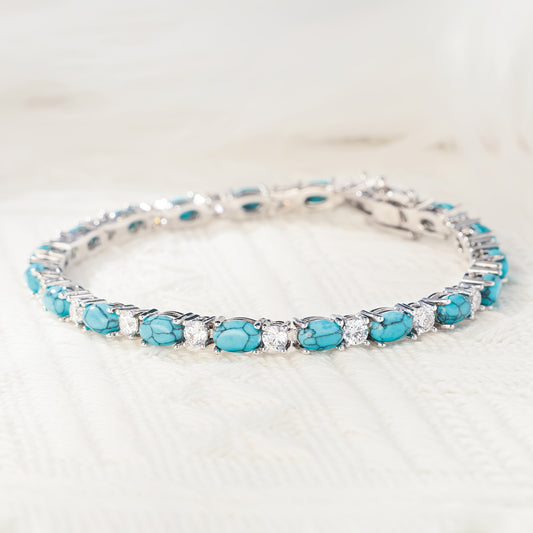 Retro S925 Sterling Silver Bracelet，with Turquoise and Clear Gems - Retro Style，December Birthday Stone，for Wife、Mom、Ideal Gift for Girlfriend，With Gift Box