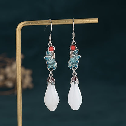 A Pair of Tribal Luxury24K Gold Plated Copper Earrings，with Imitation Jade Inlaid and Agate Pendant，Suitable for Women to Wear - Hypoallergenic Nickel-Free Stud Earrings，Suitable for Daily and Banquet Wear，Jewelry Suitable for All Seasons