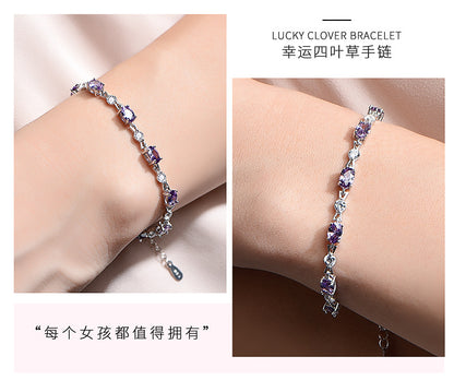 S925Silver Amethyst Couple Purple Diamond Sterling Silver Bracelet Female Korean Style Personalized and Mori Girlfriends Jewelry Wholesale Delivery