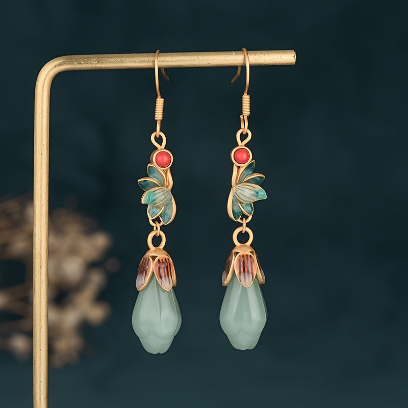 A Pair of Tribal Luxury24K Gold Plated Copper Earrings，with Imitation Jade Inlaid and Agate Pendant，Suitable for Women to Wear - Hypoallergenic Nickel-Free Stud Earrings，Suitable for Daily and Banquet Wear，Jewelry Suitable for All Seasons