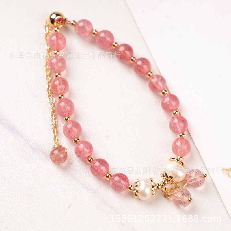 Raindrop Style 14k Gilded Natural Red Strawberry Quartz plus Freshwater Pearl Bracelet Bracelet Hand Knitting Ornament Wholesale