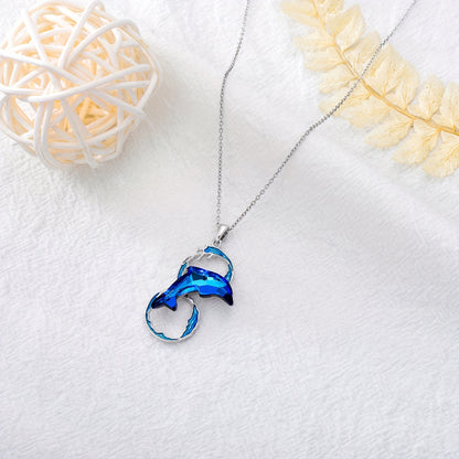 Elegant 925 Sterling Silver Dolphin Pendant Necklace with Blue Artificial Crystal，Ocean Wave Jewelry，Perfect Birthday Gift for Women，Silver，Dolphin Necklace，Ocean Waves，Birthday Gift