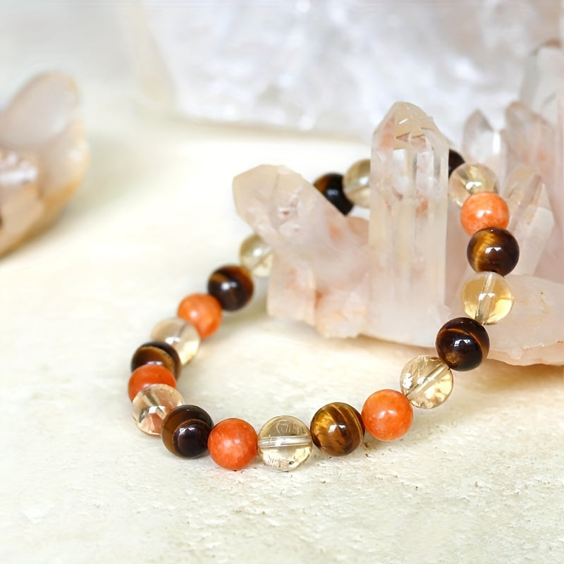 A Tigereye and Citrine Crystal Bead Bracelet - 1Pieces - Gem Elastic Wristband for Fortune and Success - Solid Format Accessories - Ideal Gift for Friendship and Party