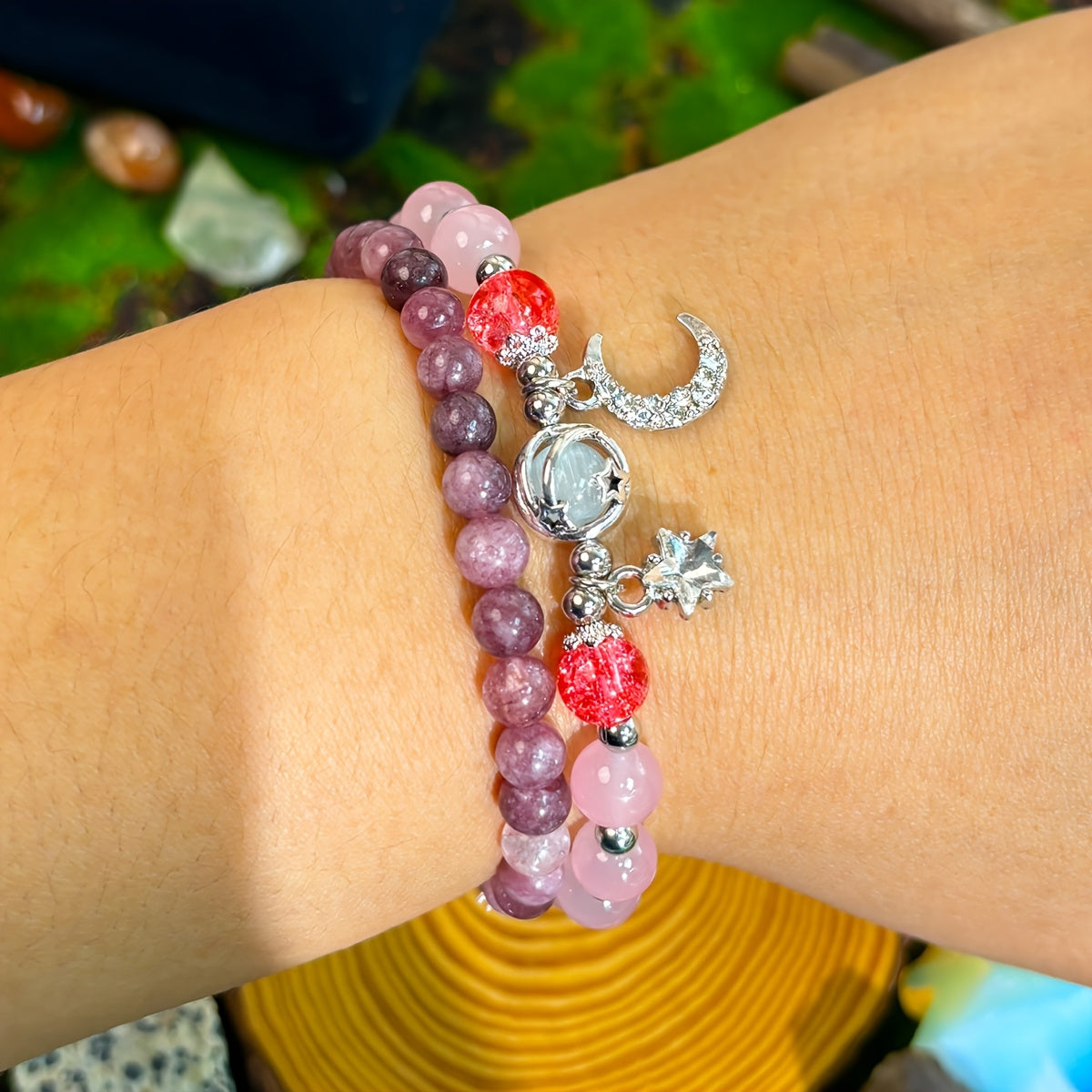 Twilight Dream Star and Crescent Guardian Bracelet - Handmade Rose Quartz Beaded Jewelry，Perfect for Women Self-Care and Holiday Gifts