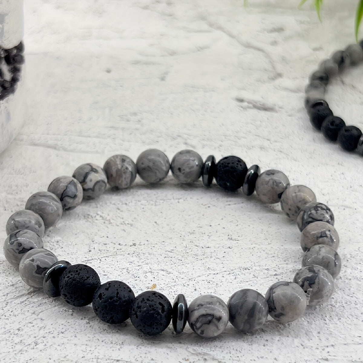 1Natural Stone Healing Bracelet，Gray Map Stone and Black Lava Stone Elastic Bracelet