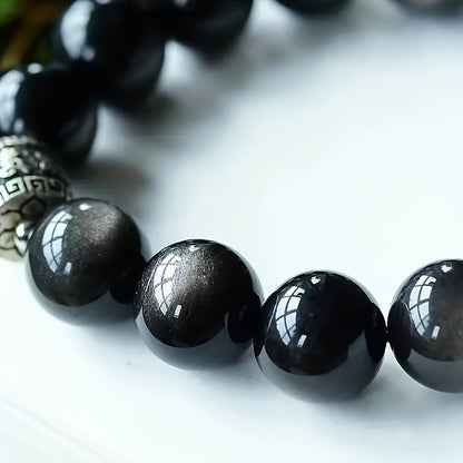 Bohemian Bracelet - Natural Silver and Black Obsidian with Crystal Embellishment，Perfect Couples Gift