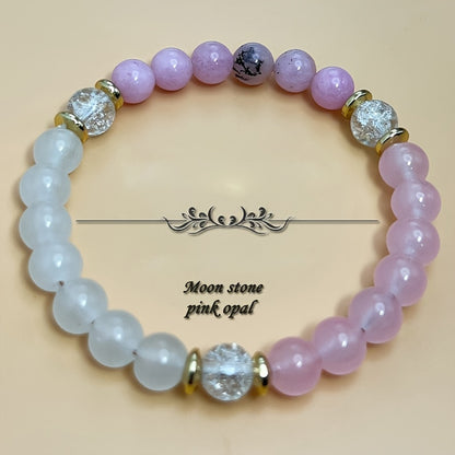 Lucky Moonstone Pink Opal Rose Quartz Beaded Bracelet - Healing Crystal Good Luck Charm Jewelry，Suitable for Men and Women - 1 Pieces