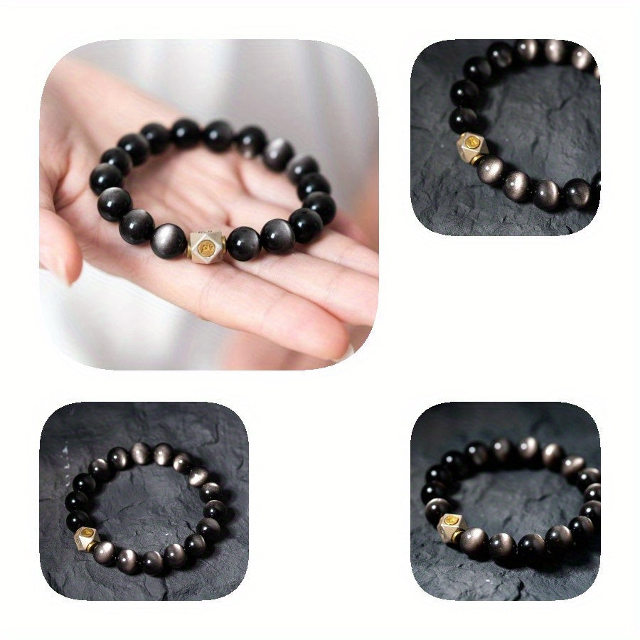 MYSOYA Bohemian Style Silver Obsidian Bracelet，Configuration10mm Beads - Elegant Gift Box Included，Suitable for Birthday、Anniversary、Wedding and Other Occasions