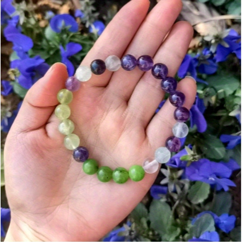 1pc Boho Natural Stone Bead Bracelet，Amethyst and Quartz Imitation Gemstone Yoga Jewelry，Color Fluorescent Cure Crystal Gift，Grape agate Pendant Bracelet