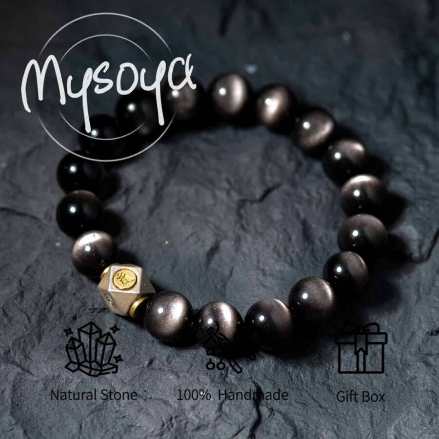 MYSOYA Bohemian Style Silver Obsidian Bracelet，Configuration10mm Beads - Elegant Gift Box Included，Suitable for Birthday、Anniversary、Wedding and Other Occasions